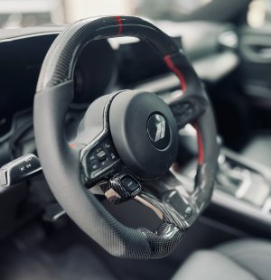 Dodge Hornet Custom Steering Wheel - Carbon Fiber - Flat Top/ Flat Bottom - w/ 2 Red Center Stripes - Perforated Leather